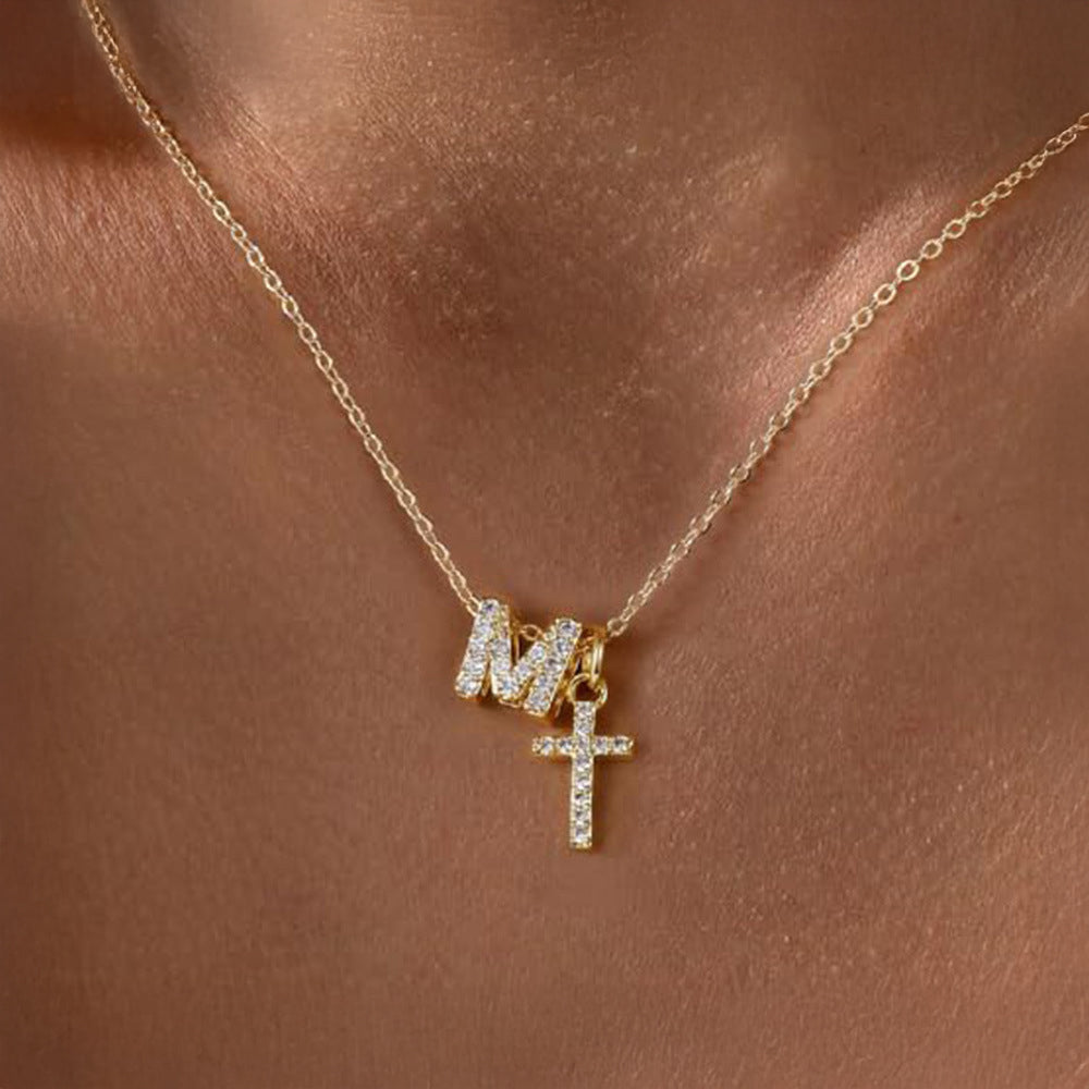 Dainty Diamond Initial & Cross Pendant Necklace