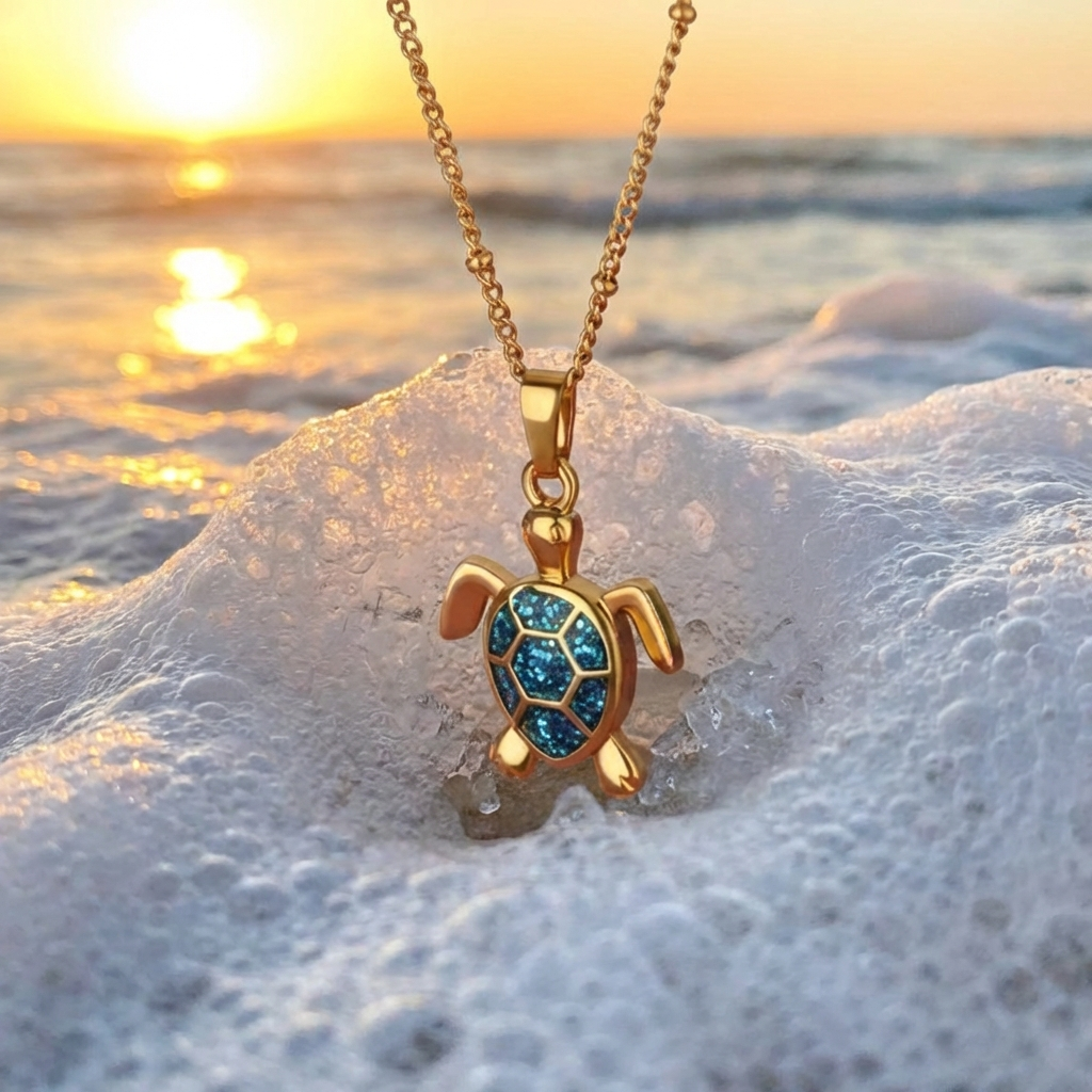 Gold Sea Turtle Necklace with Blue Opal & Crystal Waves