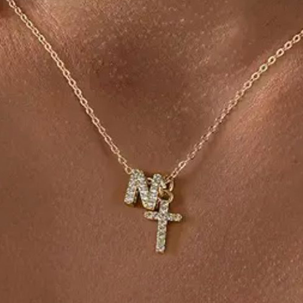 Dainty Diamond Initial & Cross Pendant Necklace