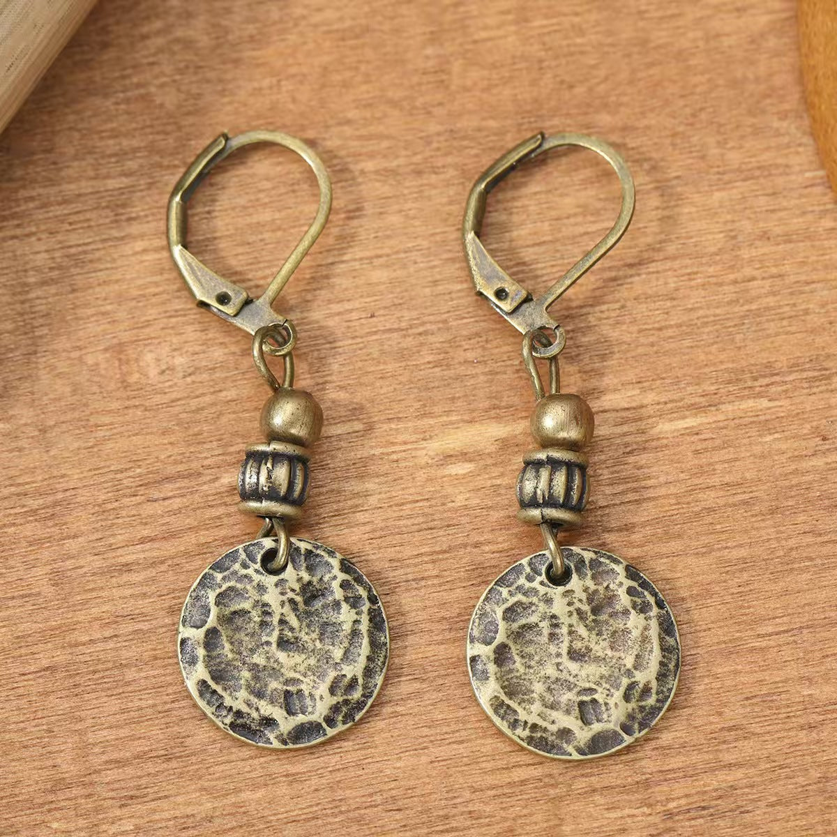 Vintage Bronze Leverback Coin Drop Earrings