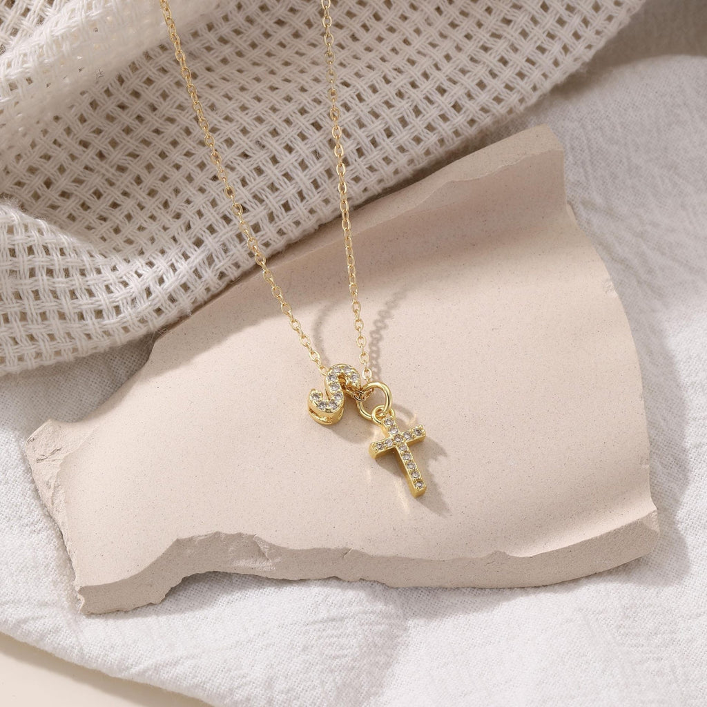 Dainty Diamond Initial & Cross Pendant Necklace