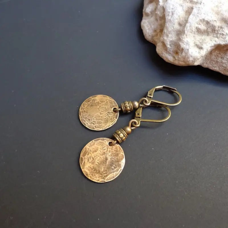Vintage Bronze Leverback Coin Drop Earrings