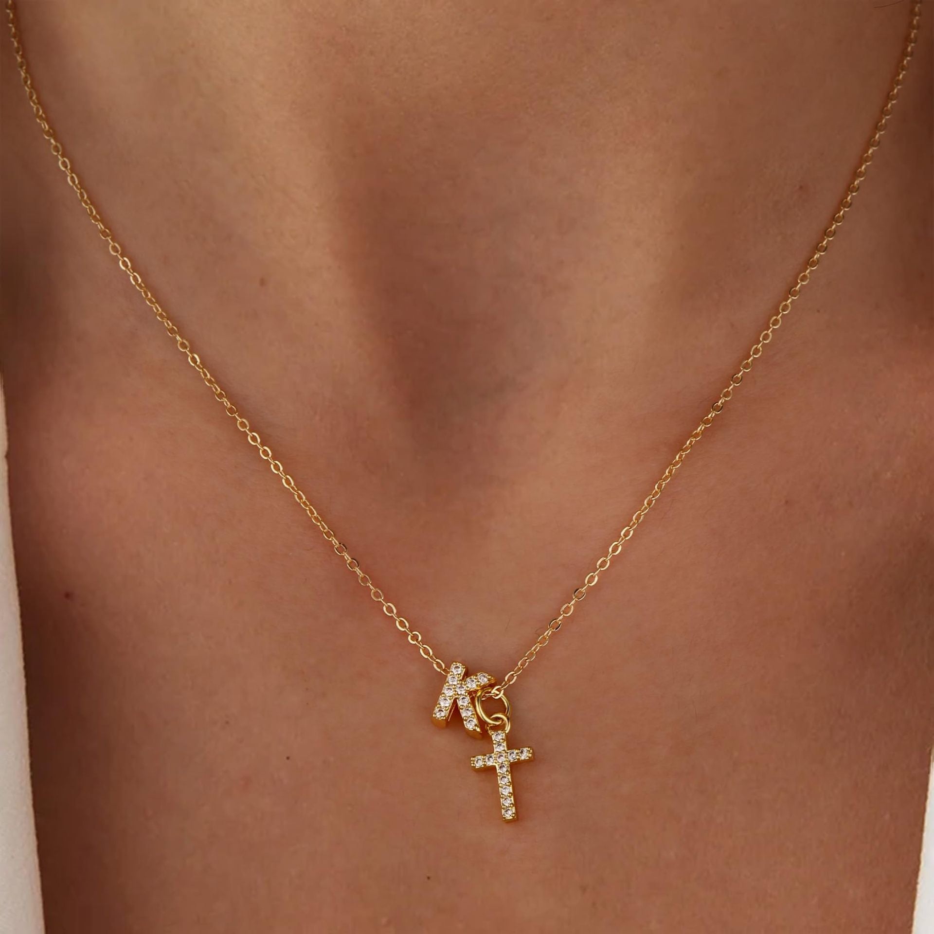 Dainty Diamond Initial & Cross Pendant Necklace