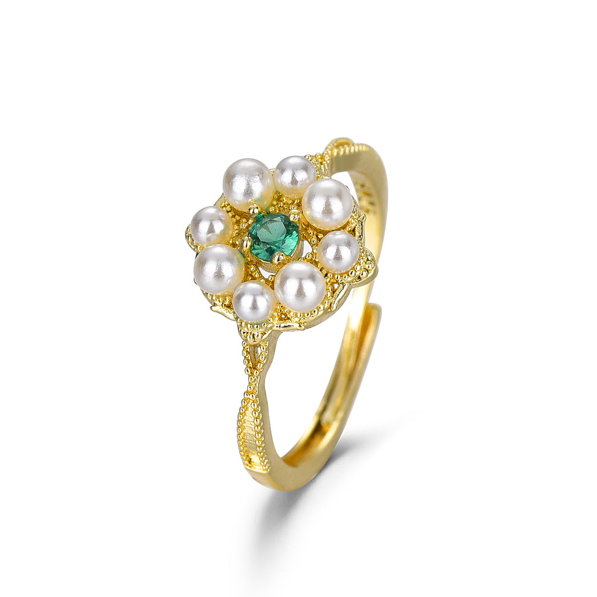 Vintage Pearl Beads & Green Stone Flower Ring