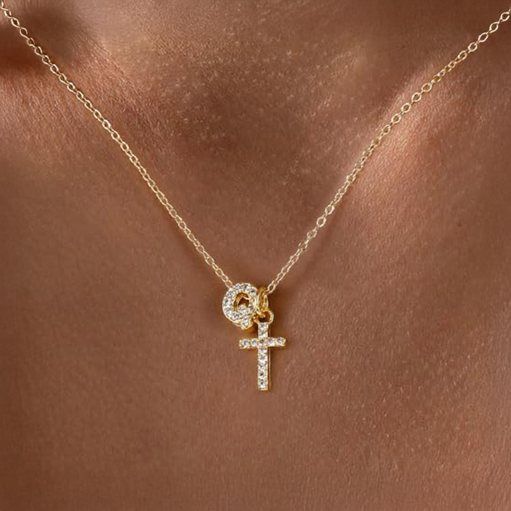 Dainty Diamond Initial & Cross Pendant Necklace