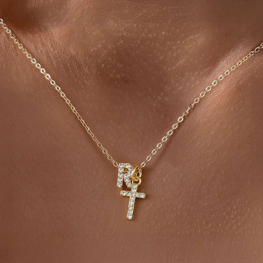 Dainty Diamond Initial & Cross Pendant Necklace