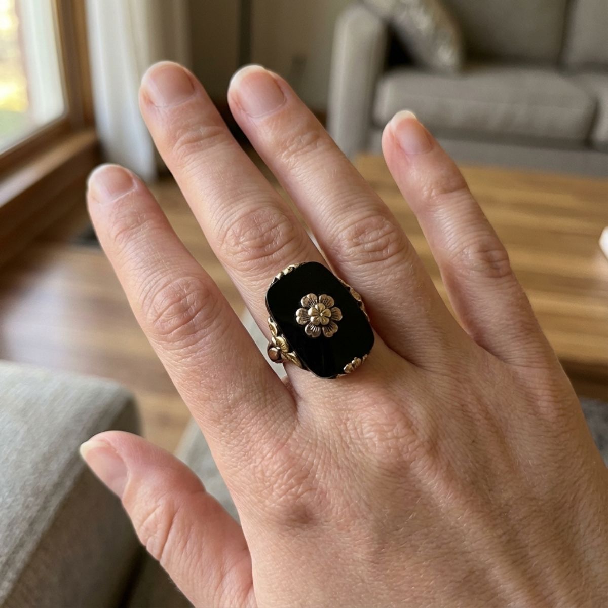 Vintage Victorian Style Black Stone Floral Gold Accent Ring