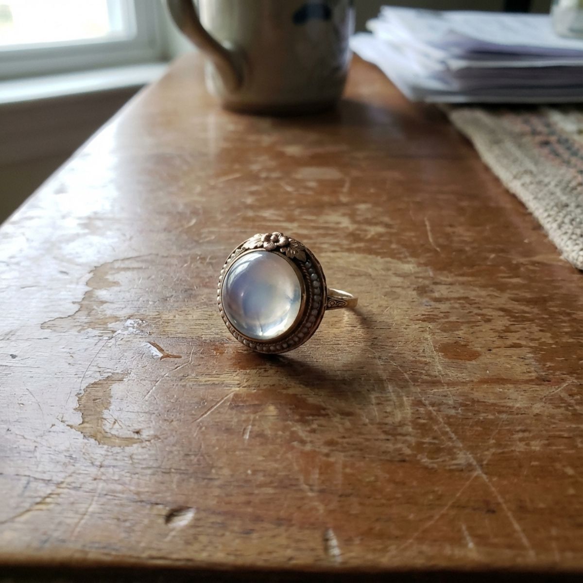 Vintage Floral Design Rounded Moonstone Ring