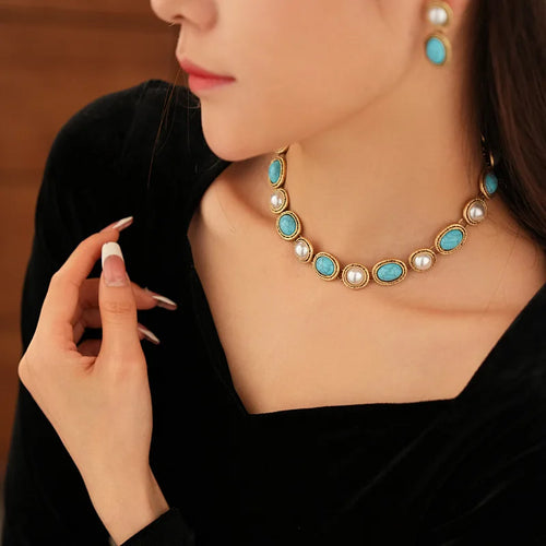 Turquoise & Pearl Antique Gold Statement Set