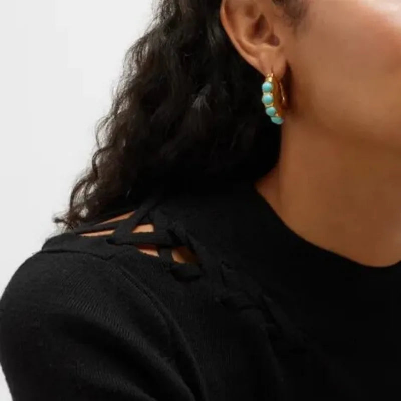 Bold Turquoise Stone Sculpted Hoop Earrings