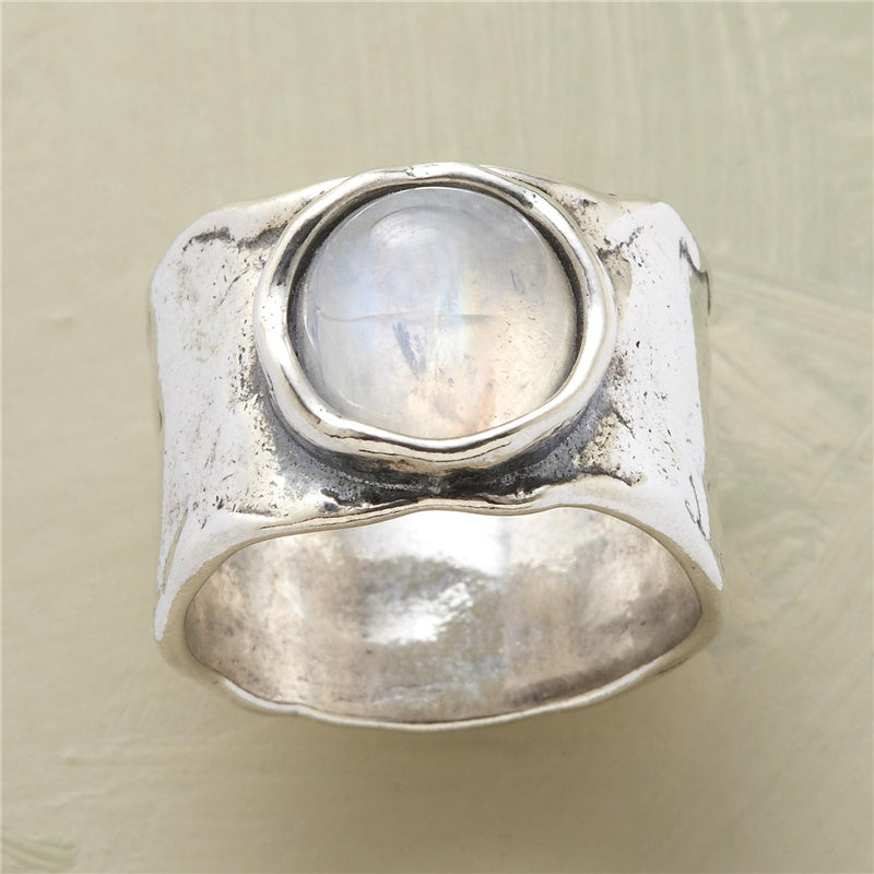 Moonstone Silver Wide Artisan Ring