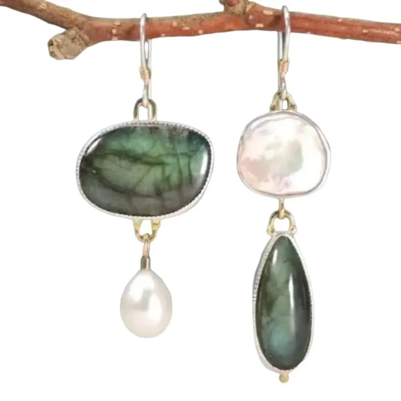 Elegant Labradorite Pearl Statement Drop Earrings