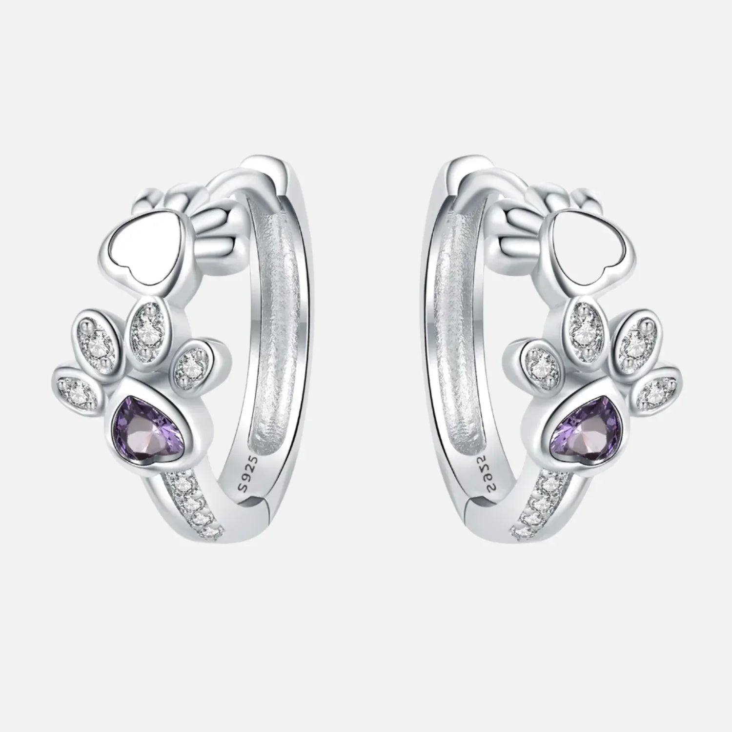 Paw Huggie silver earrings with cubic zirconia and heart-shaped gemstone