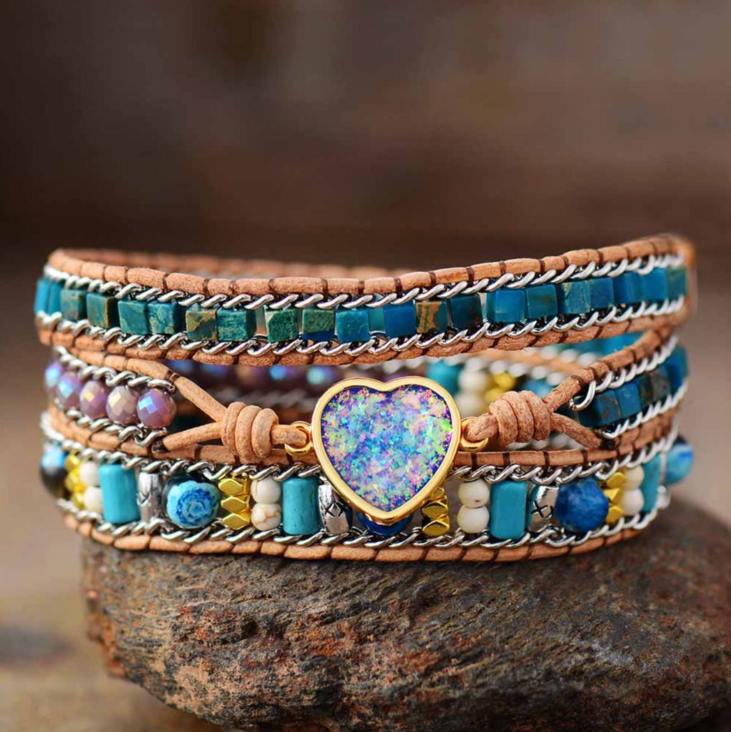 Boho Style Jasper & Opal Leather Wrap Bracelet