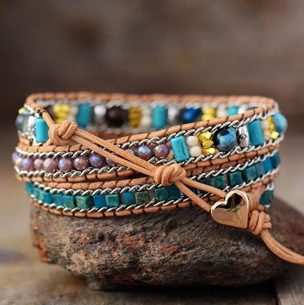 Boho Style Jasper & Opal Leather Wrap Bracelet