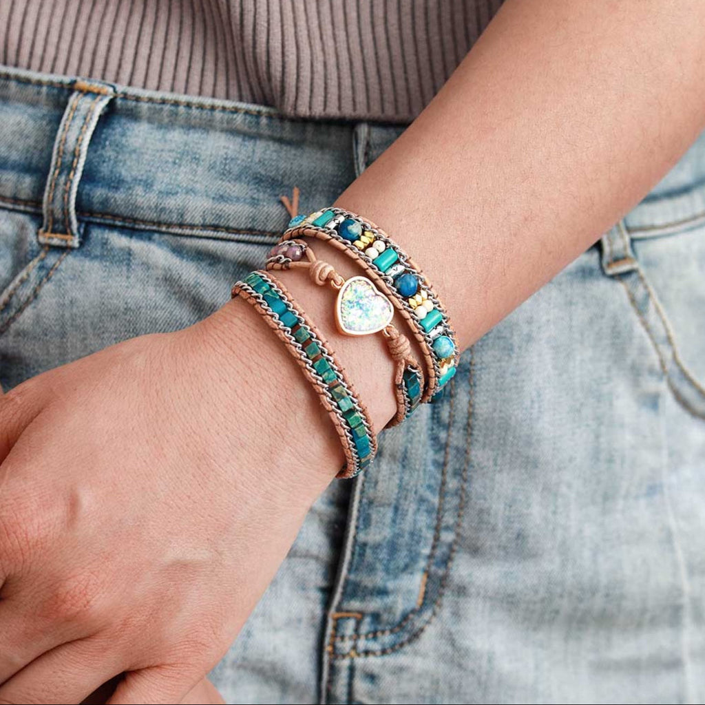 Boho Style Jasper & Opal Leather Wrap Bracelet