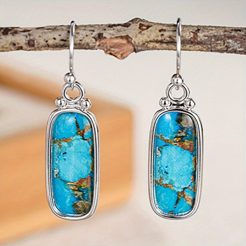 Turquoise Silver Plated Rectangle Drop Earrings
