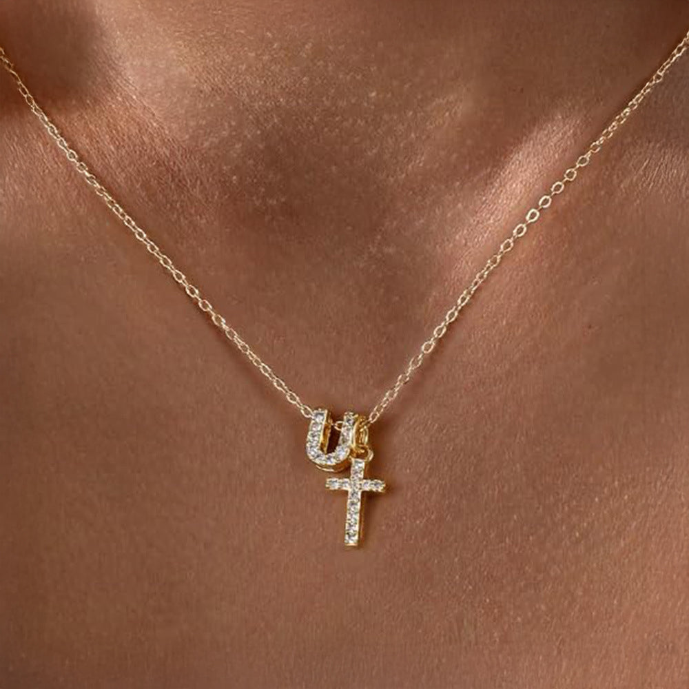Dainty Diamond Initial & Cross Pendant Necklace