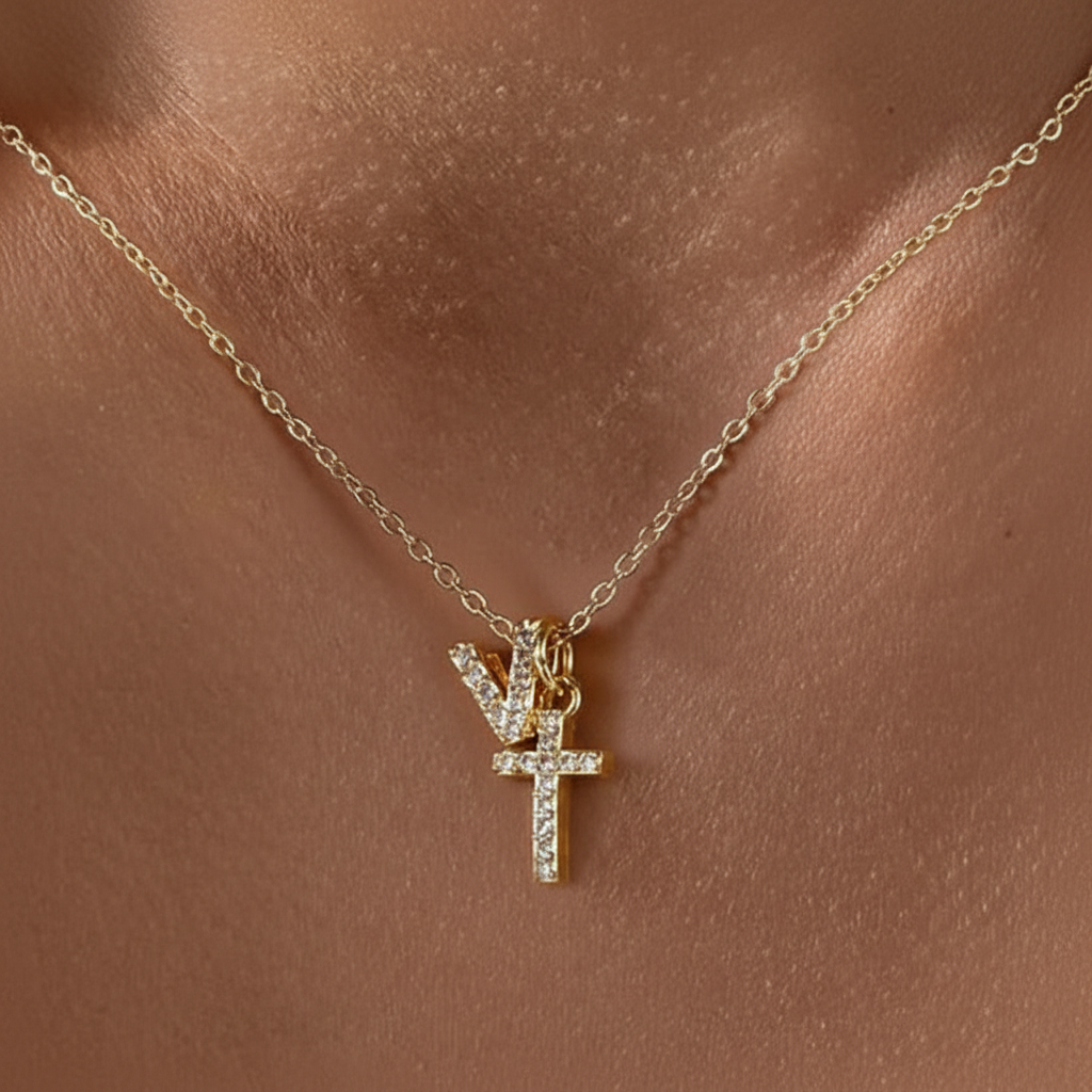 Dainty Diamond Initial & Cross Pendant Necklace