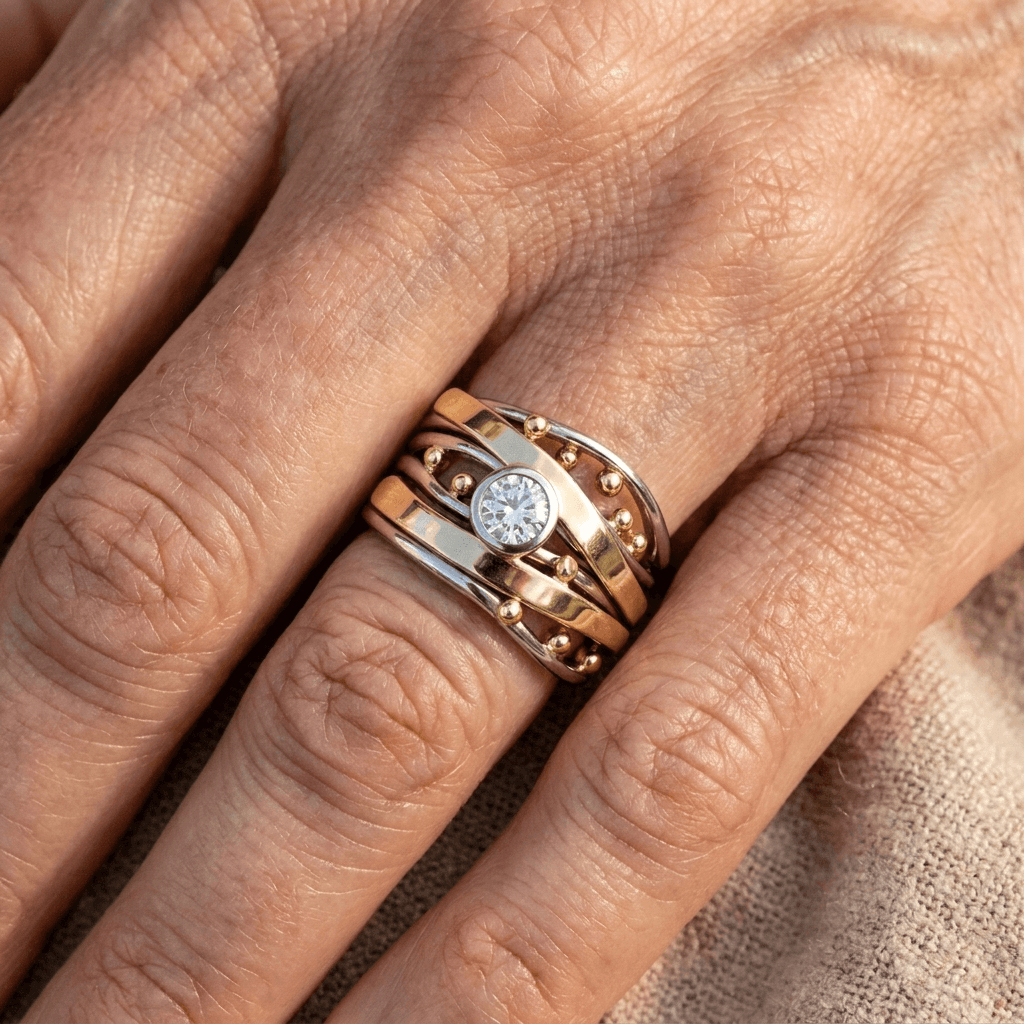 Vintage Zirconia Accent Gold Inlay Artisan Band Ring