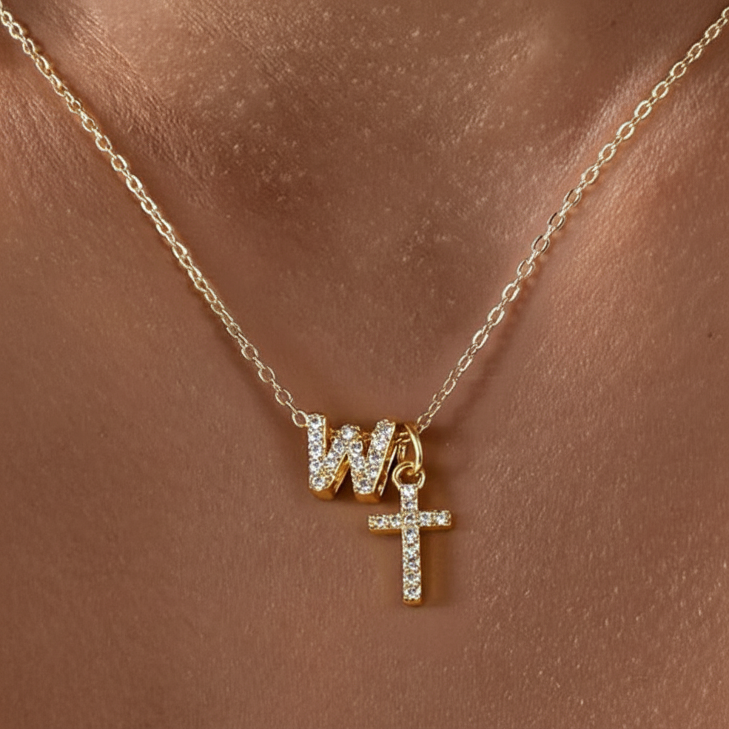 Dainty Diamond Initial & Cross Pendant Necklace