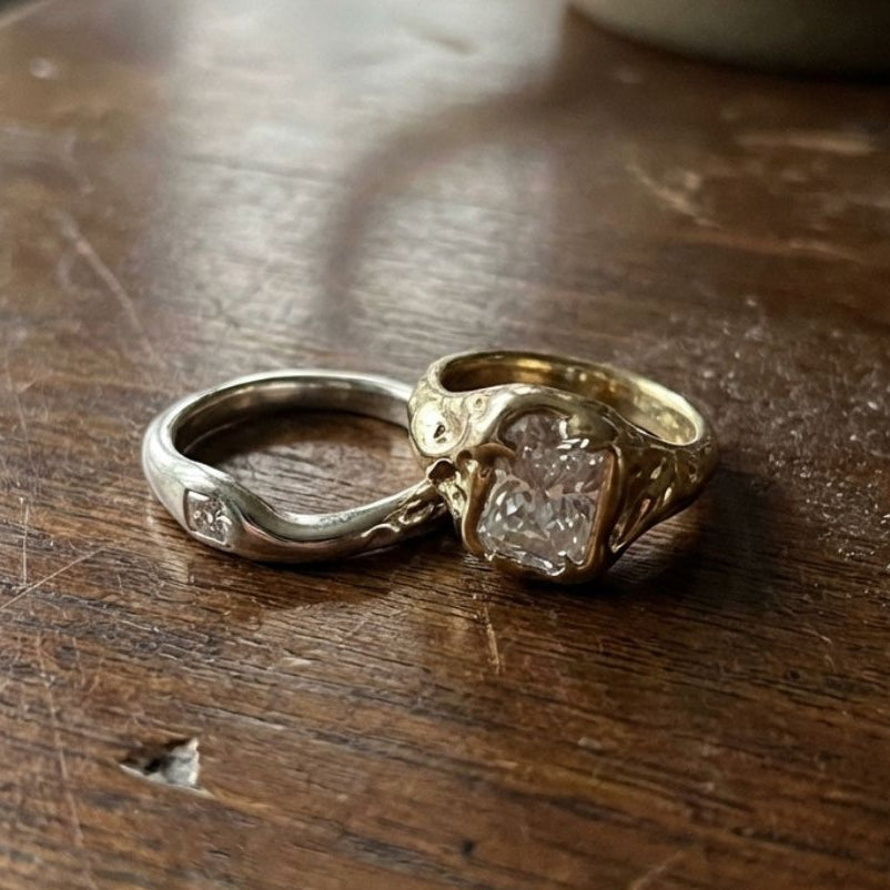 Vintage White Glass Gold & Silver Stacked Ring set