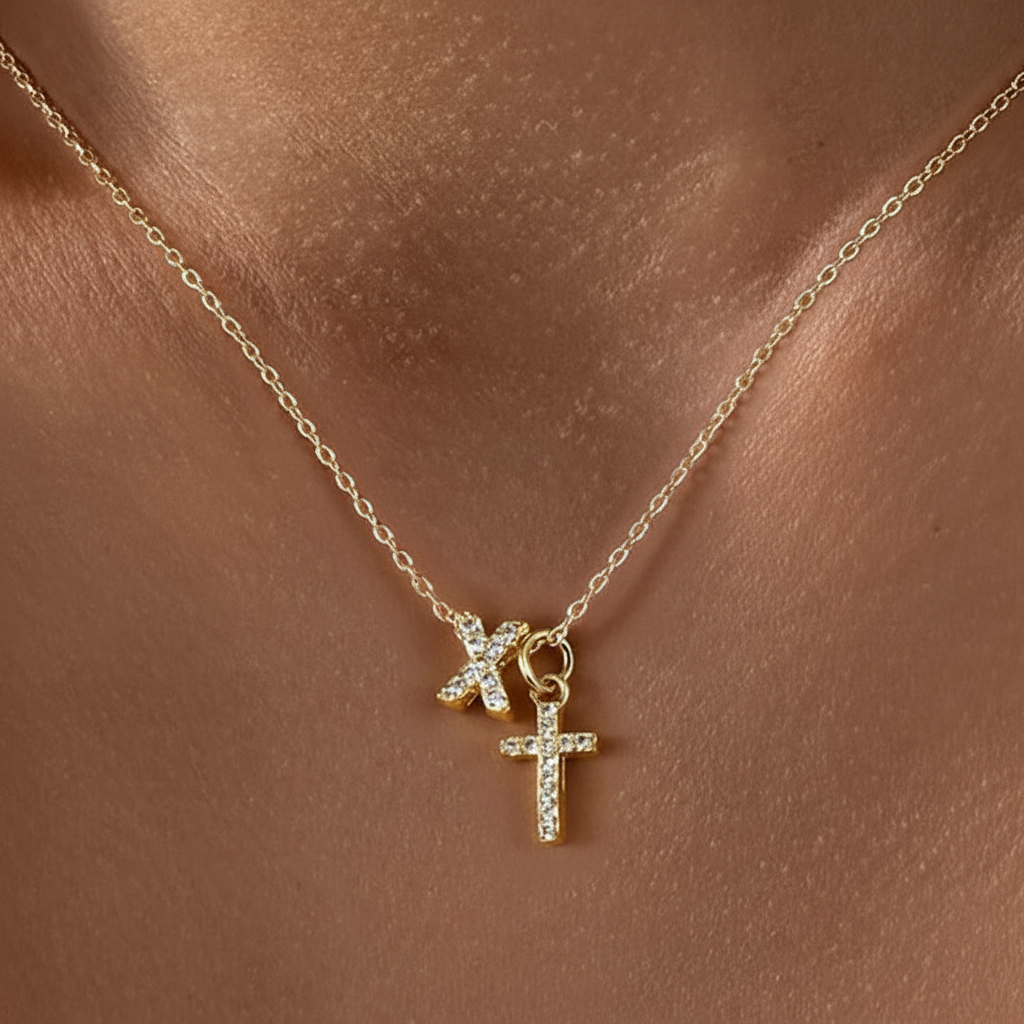 Dainty Diamond Initial & Cross Pendant Necklace
