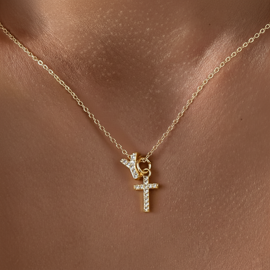 Dainty Diamond Initial & Cross Pendant Necklace