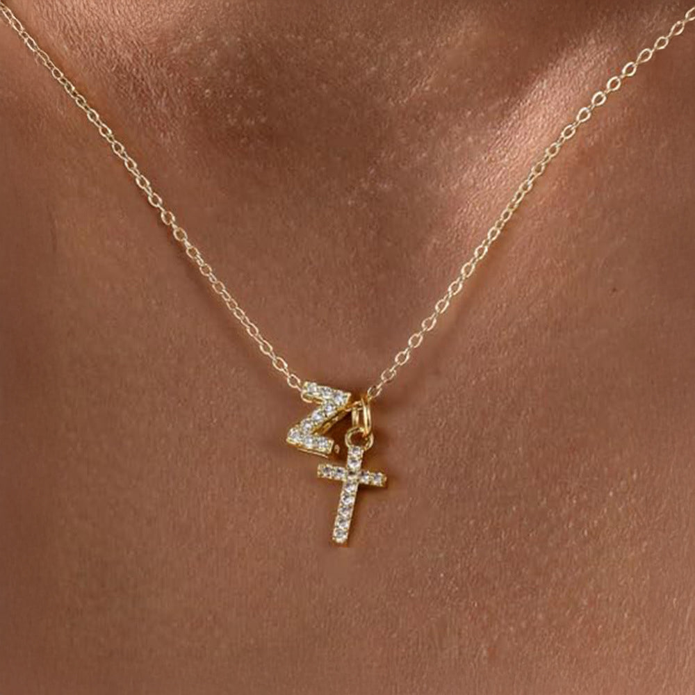 Dainty Diamond Initial & Cross Pendant Necklace