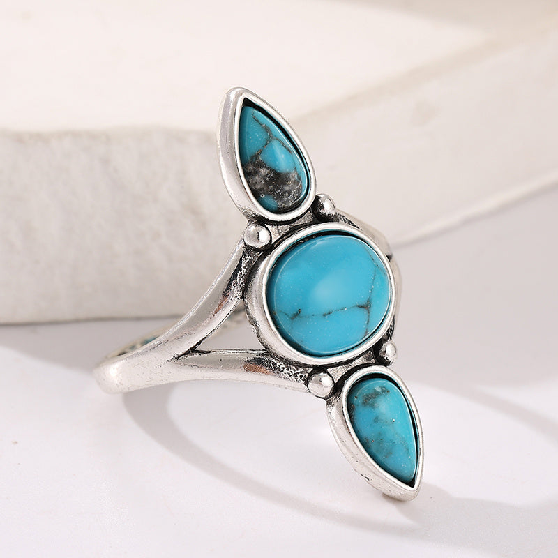 Bohemian Gold White Plated Drop Oval Turquoise Inlaid Ring