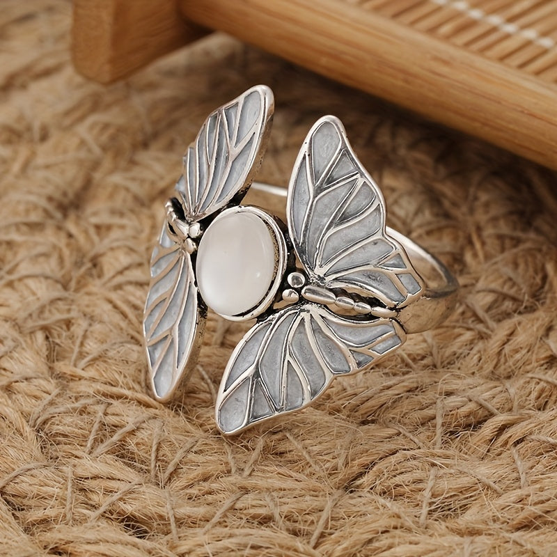 Elegant Silver Plated Butterfly Oval Moonstone Ring