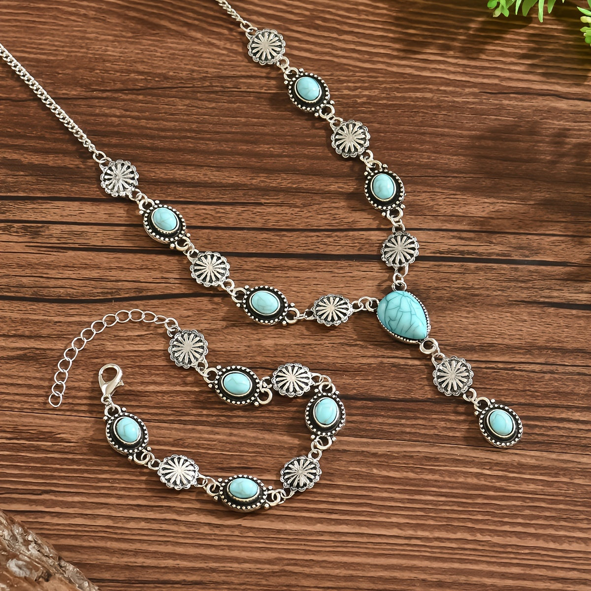 Bohemian Turquoise & Silver Floral Necklace and Bracelet Set