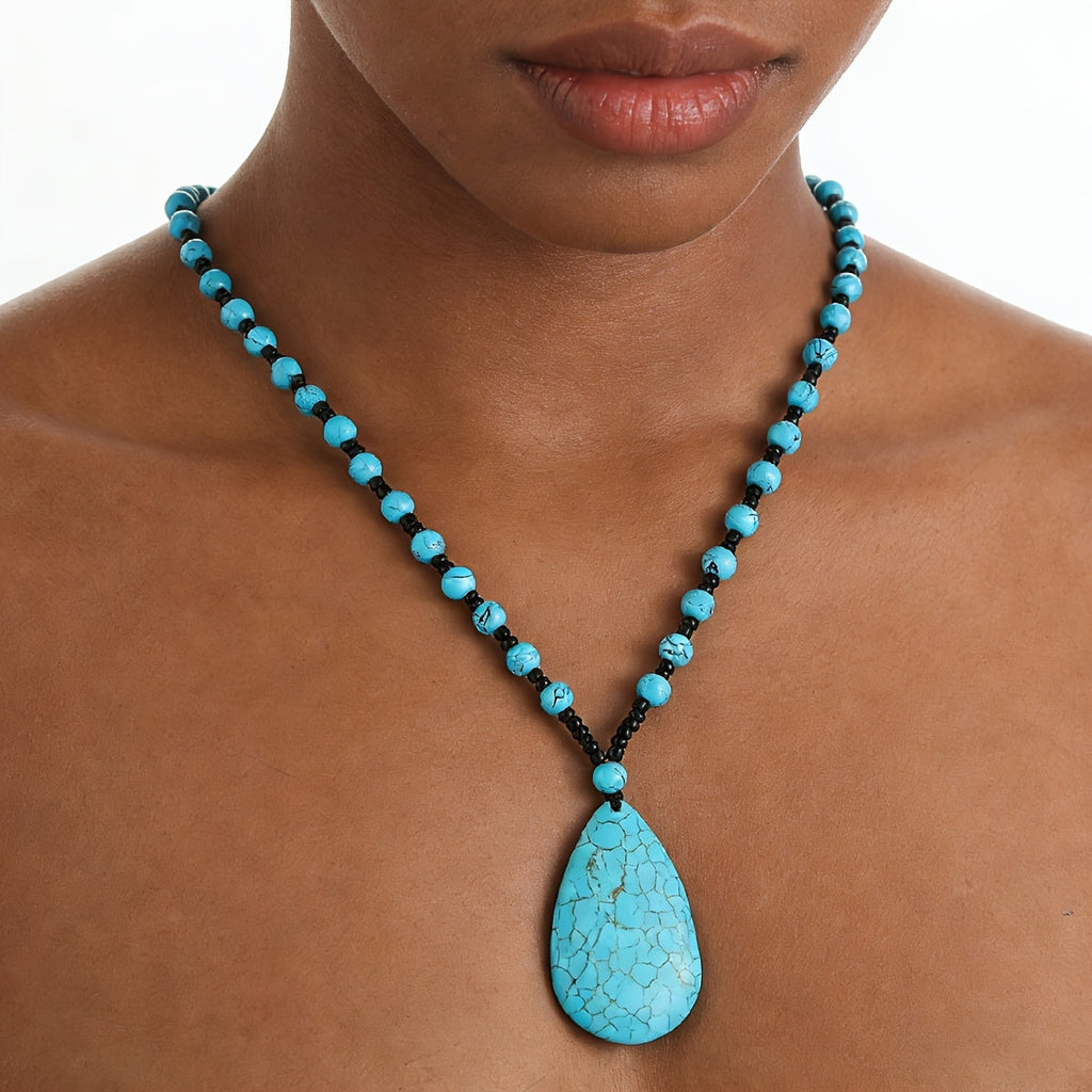 Bohemian Turquoise Beaded Large Teardrop Pendant Necklace