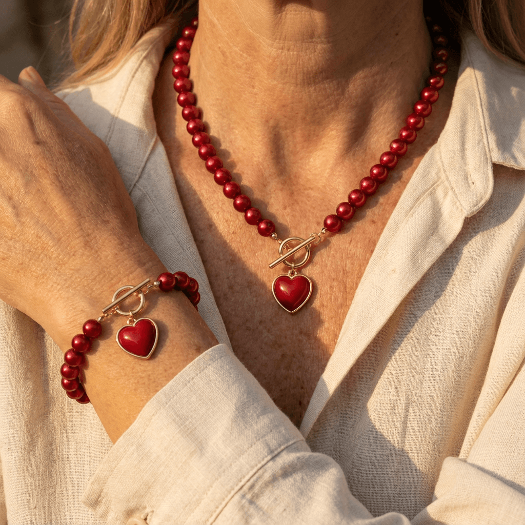 Elegant Acrylic Red Heart Necklace & Bracelet Set