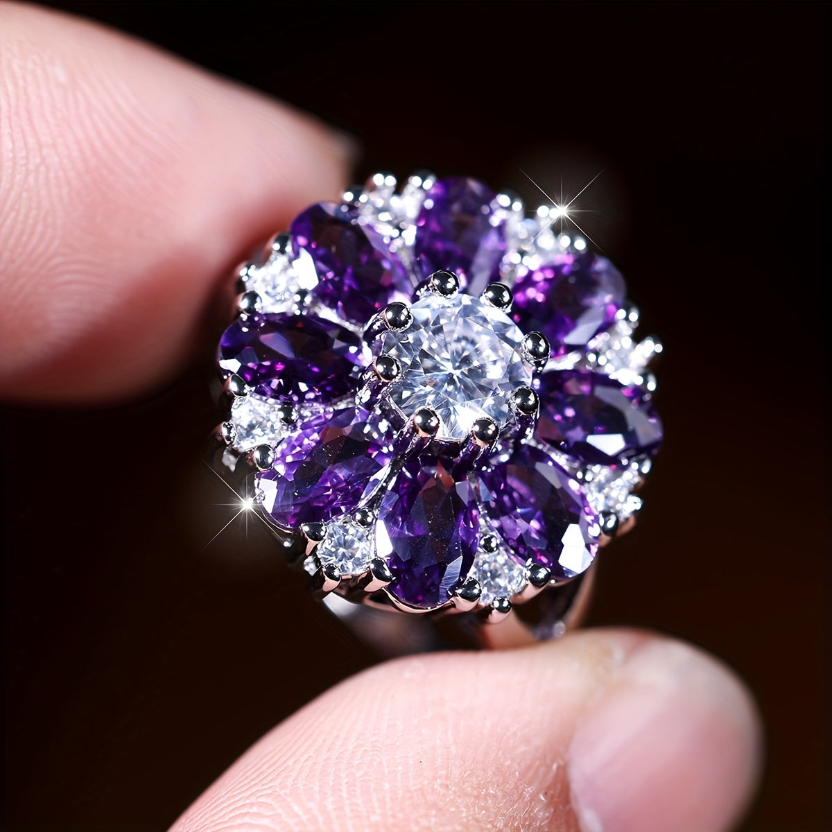 Elegant Stylish Purple Zirconia Flower Ring