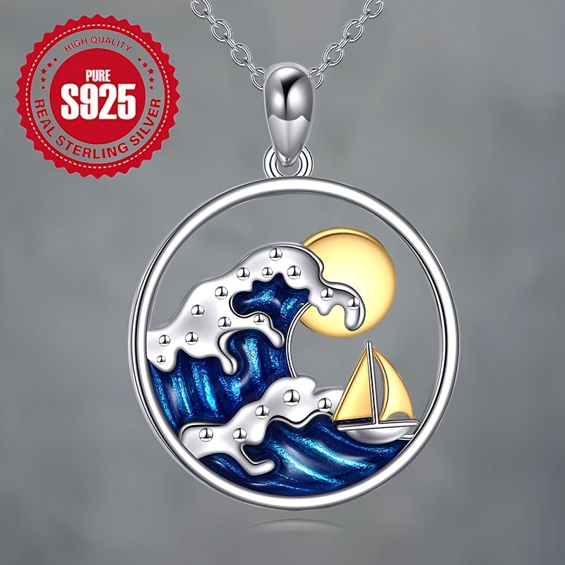 Ocean Wave Sun & Sailboat Pendant Necklace