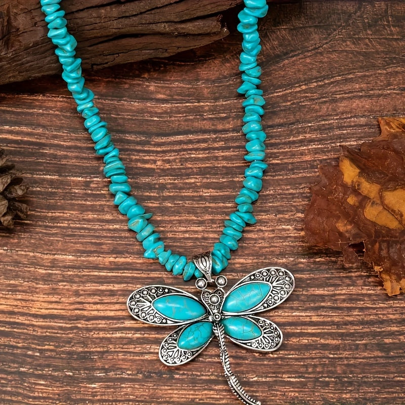 Vintage Boho Turquoise Beaded Dragonfly Pendant Necklace