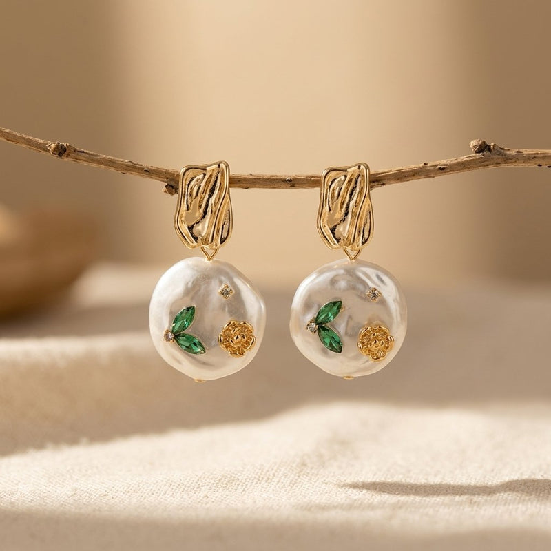 Baroque Pearl Gold Floral Green Crystal Earrings