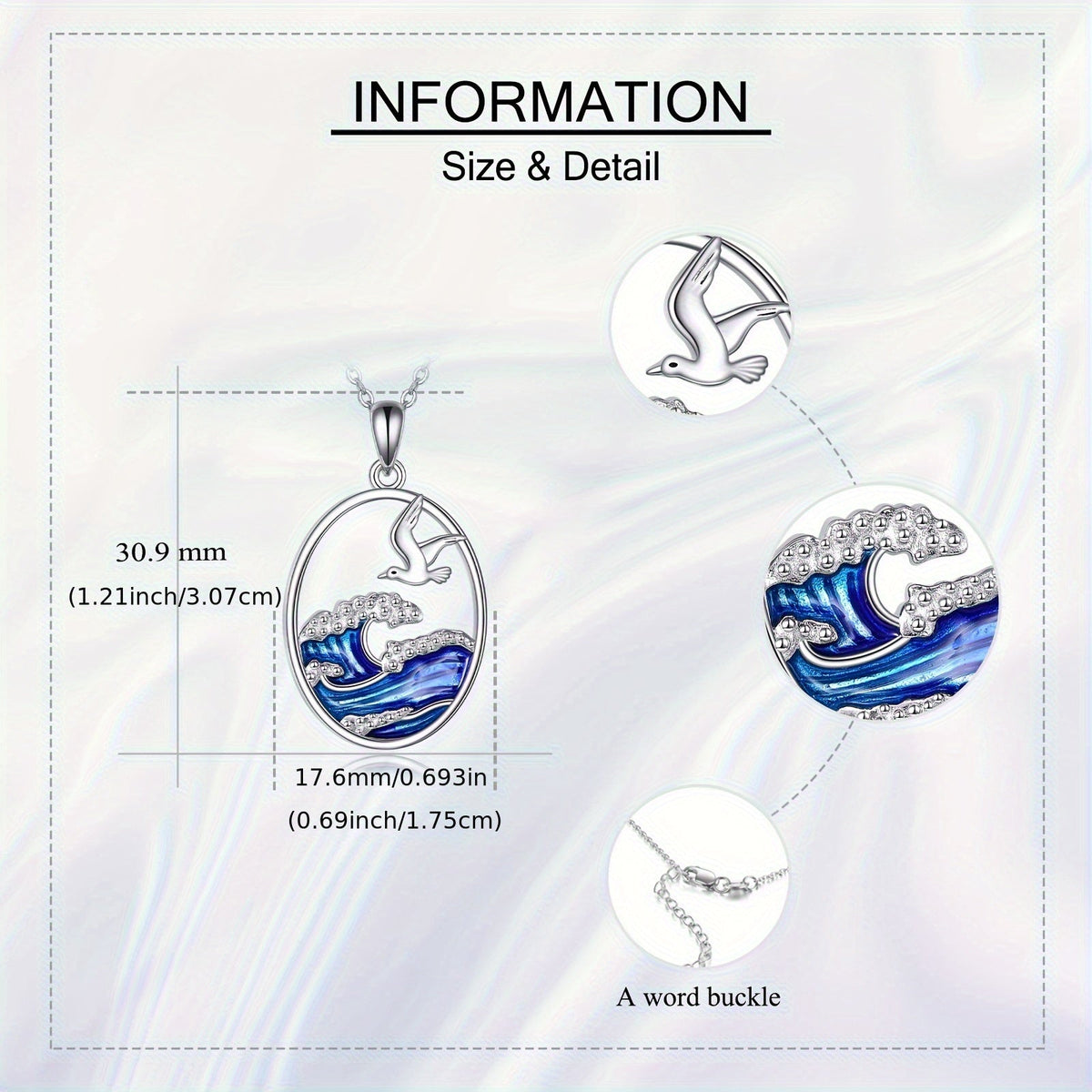 Silver Ocean Wave & Seagull Pendant Necklace