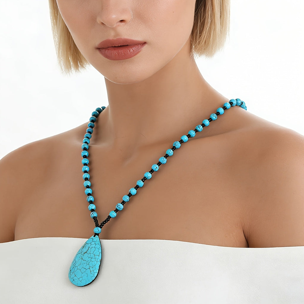 Bohemian Turquoise Beaded Large Teardrop Pendant Necklace