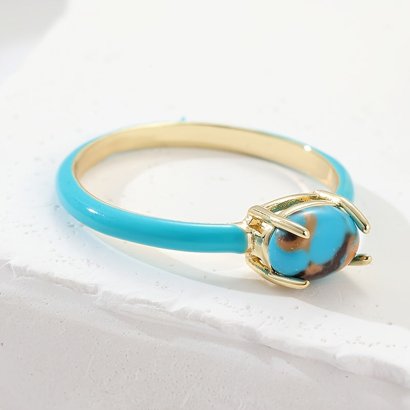 Vintage Enameled Geometric Oval Turquoise Gold Plated Ring