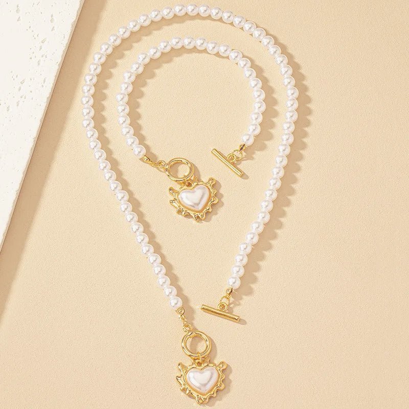 2pc Beaded Heart Pendant Bracelet and Necklace Set