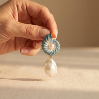 Blue Enamel Nautilus Shell Baroque Pearl Earrings