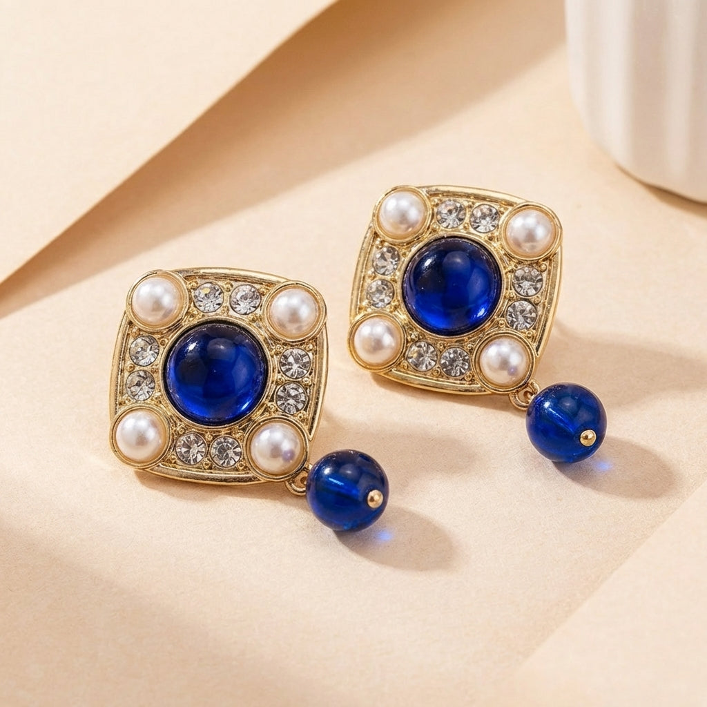 Bohemian Blue Floral Square Earrings
