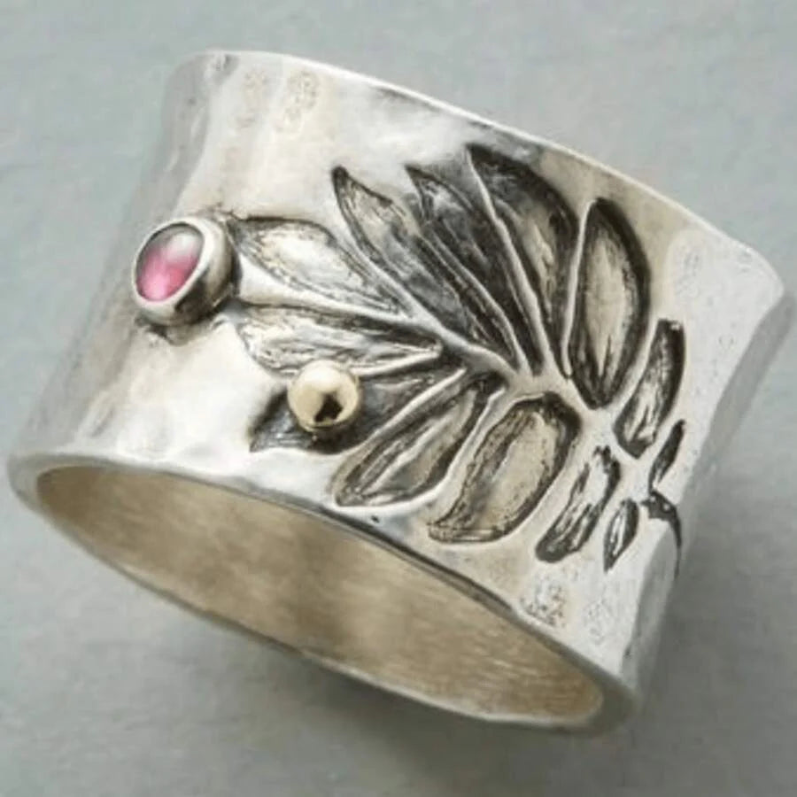 Bohemian Carved With Pinkish Zirconia Inlay Wide Ring