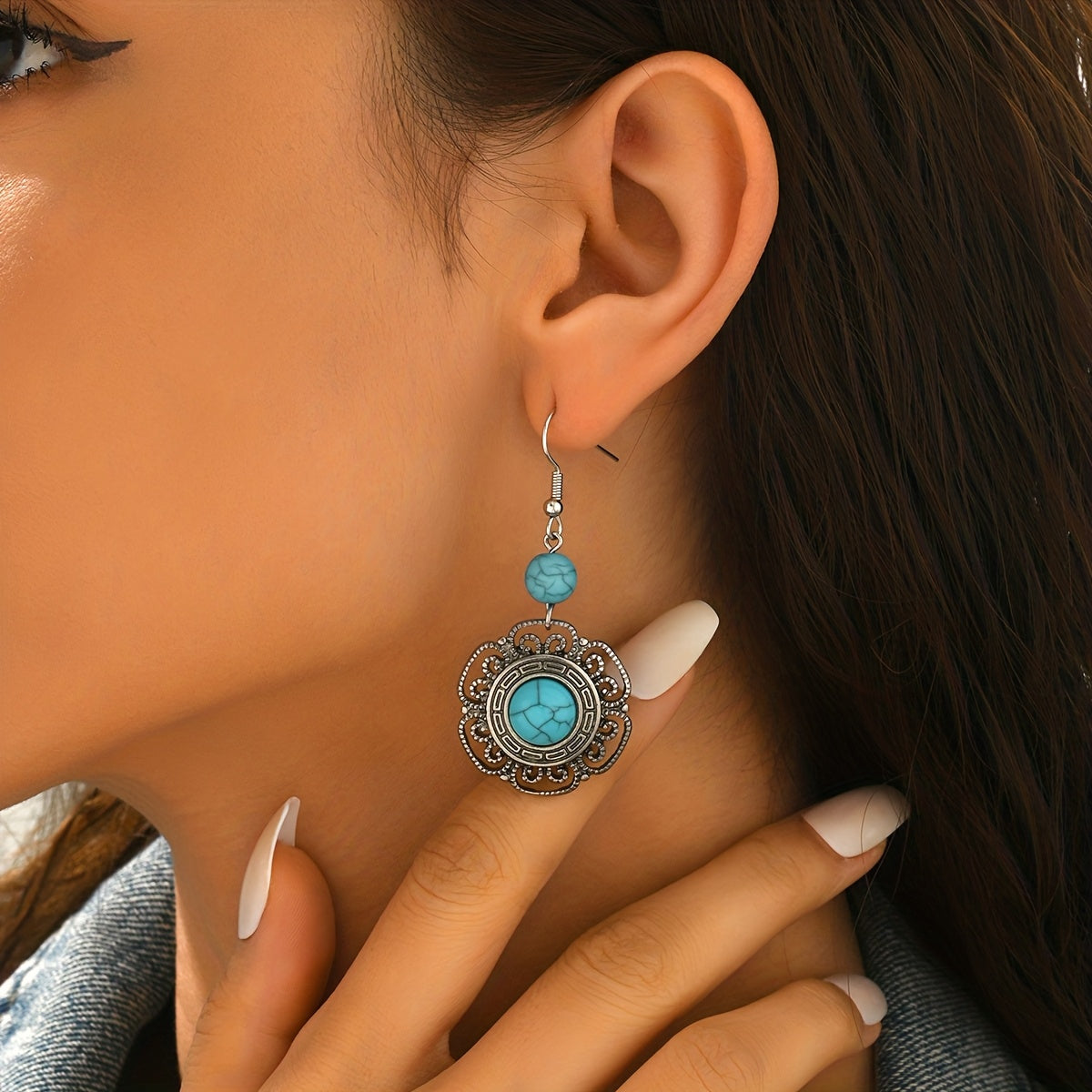 Bohemian Filigree Flower Shaped Turquoise Drop Earrings