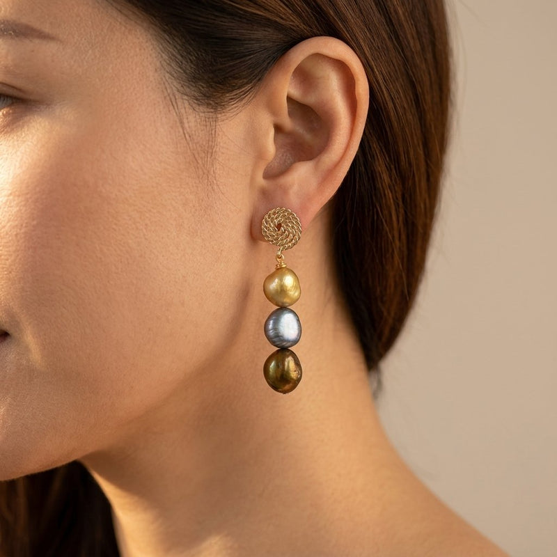 Bohemian Gold Braided Disc Triple Pearl Earrings