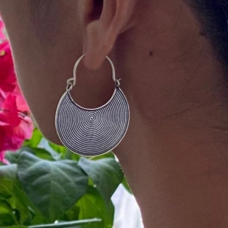 Bohemian Spiral Oxidized Dark Disc Silver Plated Earrings