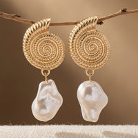 Boho Gold Ammonite Baroque Pearl Drop Earrings