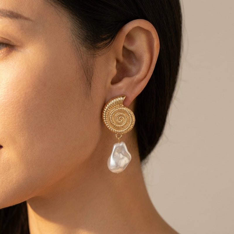 Boho Gold Ammonite Baroque Pearl Drop Earrings